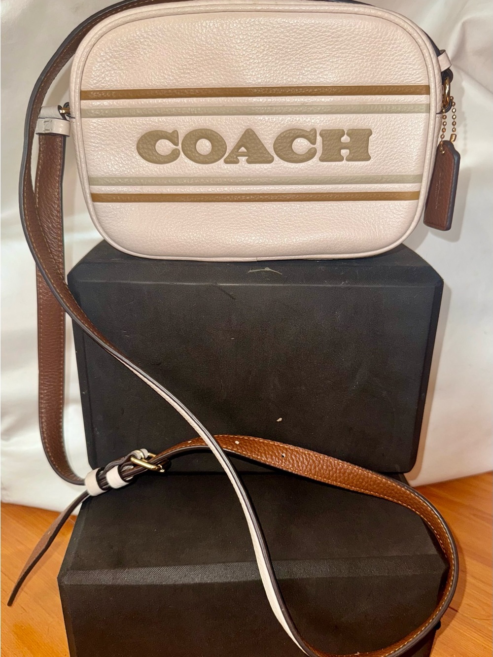 Coach Two-Tone Pebbled Leather Crossbody in off white and Brown